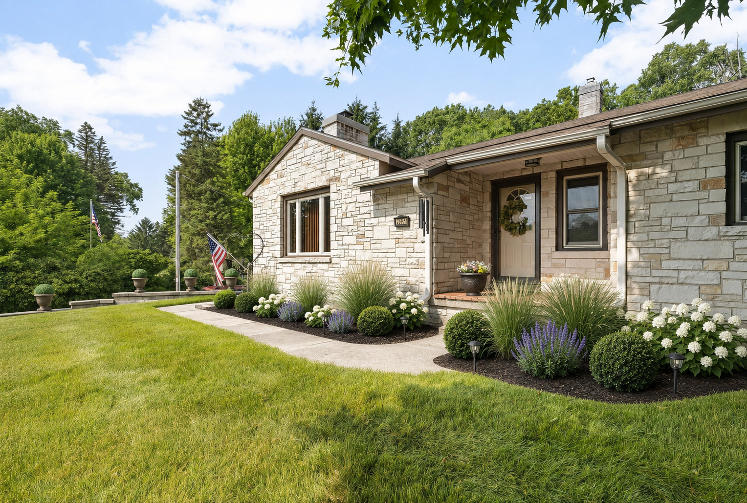 A stone ranch, simplified: Repeated forms and restrained color give the architecture room to lead.