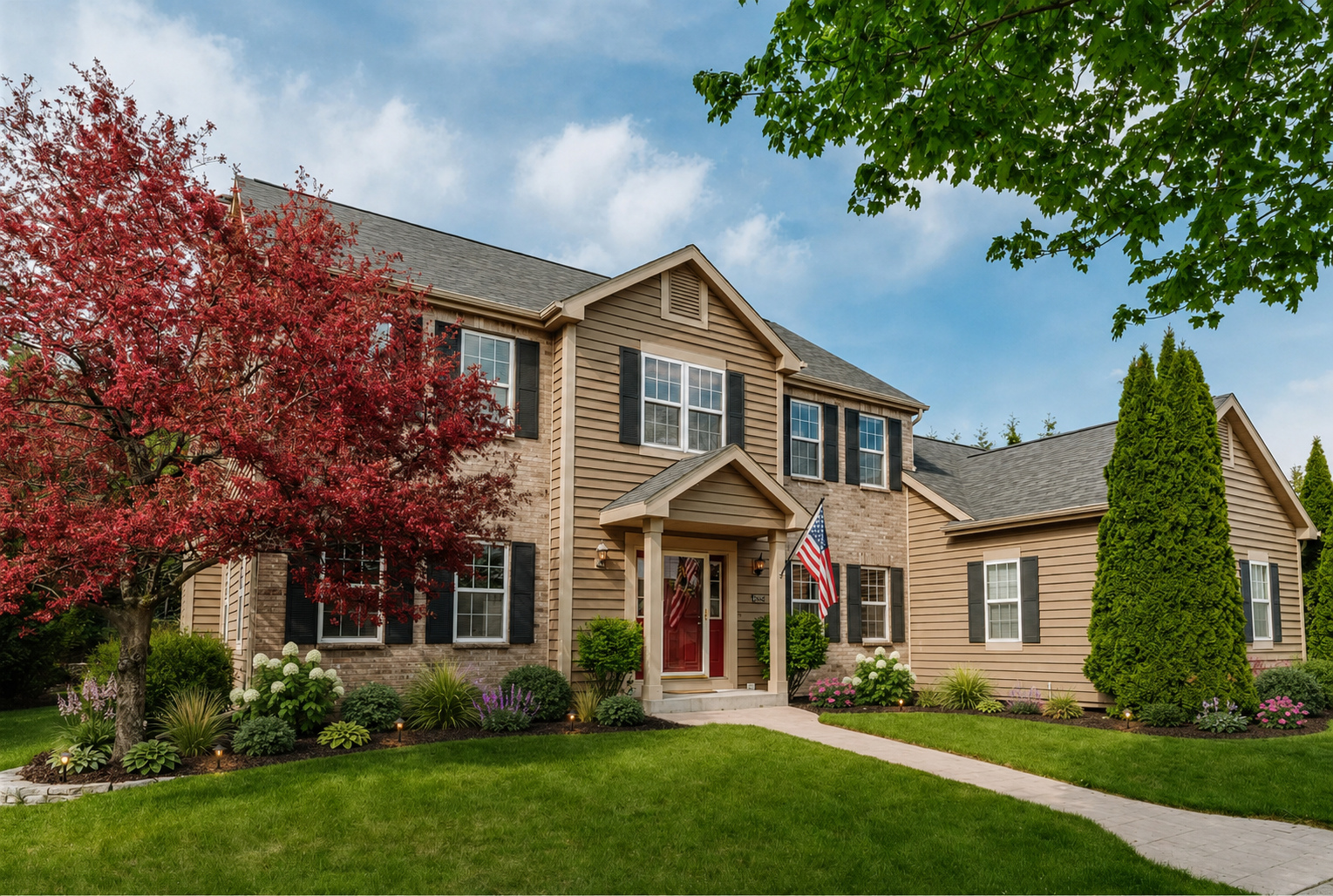 A more gracious arrival: A balanced front approach with year-round structure and seasonal bloom.